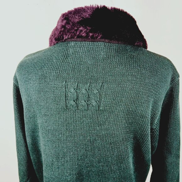 Vintage Marisa Christina Drk Green Cardigan Faux Fur Collar W Pom Christmas 2001 - Picture 8 of 15